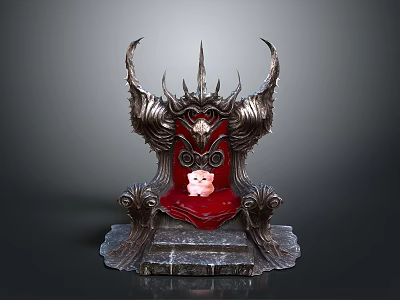 Ornate Black Throne With Red Cushion Horned Design Metal Carvings And Small Pink Pig Figurine 3d model