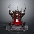 Ornate Black Throne With Red Cushion Horned Design Metal Carvings And Small Pink Pig Figurine