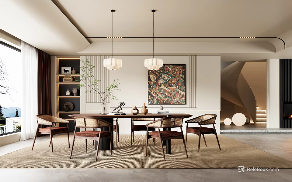 Modern Elegant Dining Room With Dining Table Pendant Lights Decorative Painting Chairs And Rug 3d model 