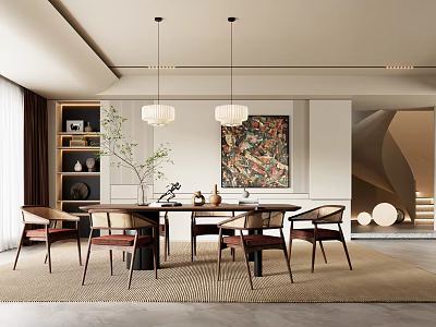 Modern Elegant Dining Room With Dining Table Pendant Lights Decorative Painting Chairs And Rug 3d model