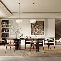 Modern Elegant Dining Room With Dining Table Pendant Lights Decorative Painting Chairs And Rug