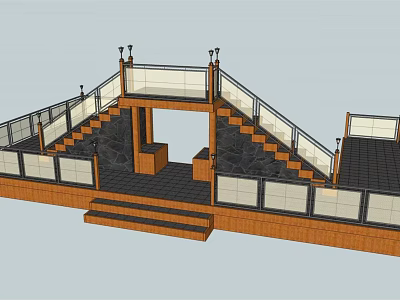 Pedestrian Overpass Road Infrastructure With Wooden Railings Black Steps Glass Panels And Lamp Posts 3d model