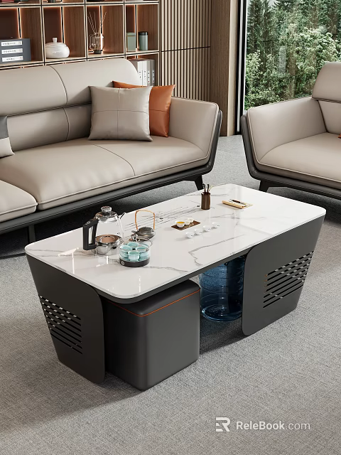 Modern Coffee Table With Marble Top And Decorative Items In Living Room With Sofas 3d model 