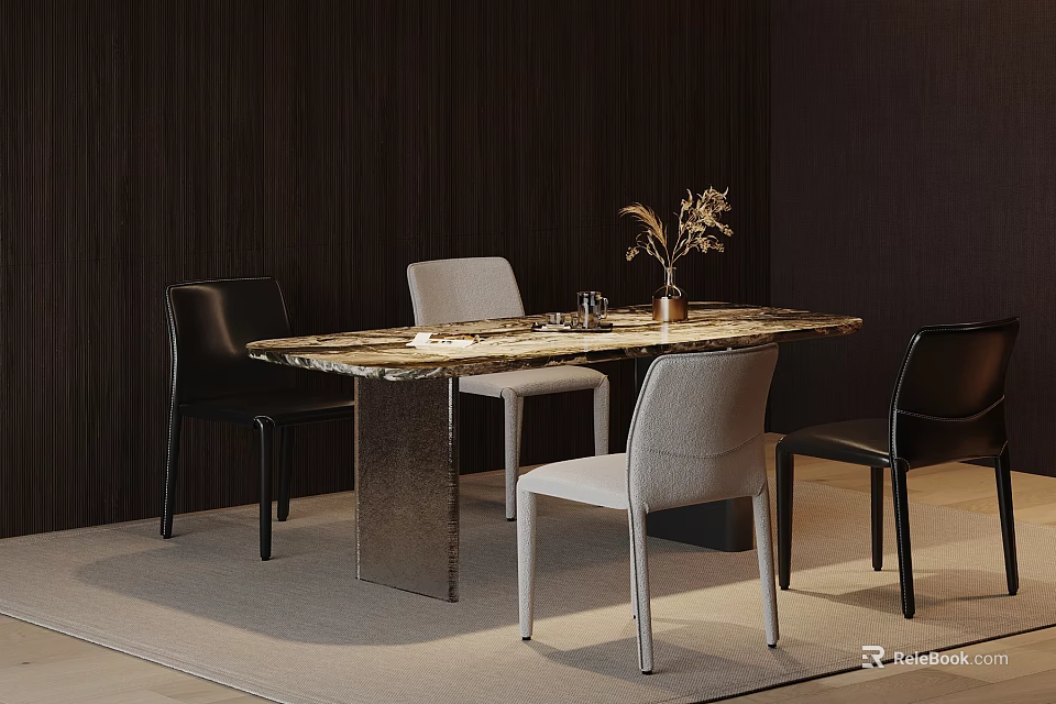 Luxury Dining Table Set With Marble Top And Modern Chairs In Dark Wood Room 3d model 