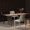 Luxury Dining Table Set With Marble Top And Modern Chairs In Dark Wood Room