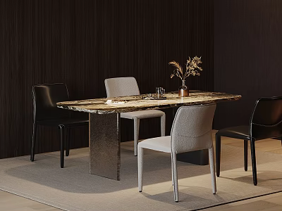 Luxury Dining Table Set With Marble Top And Modern Chairs In Dark Wood Room 3d model