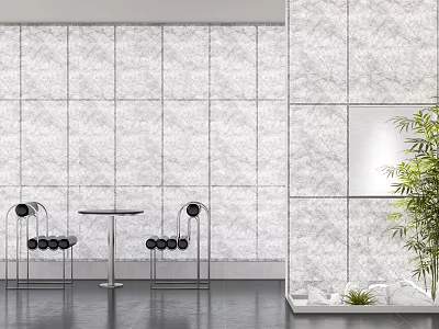 Modern Interior Design Featuring Stylish Table Chair Set Marble Wall And Potted Plant 3d model