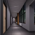 Modern Office Corridor Design With Glass Windows Tiled Floor Wooden Door And Ceiling Lights