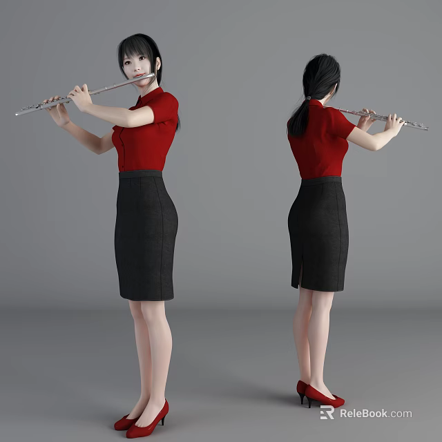 Woman Playing Flute in Red Top Black Skirt and Red Shoes Front Back Views 3d model 