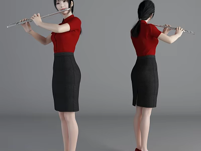 Woman Playing Flute in Red Top Black Skirt and Red Shoes Front Back Views 3d model