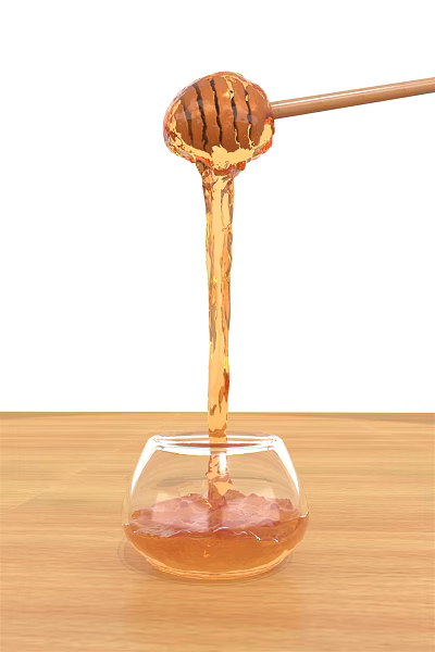 Golden Liquid Food Being Poured Into Transparent Glass On Wooden Table With White Background 3d model