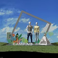 Camping Clothing Display With Mannequins Outfit Grid Frame Tepee And Green Plants Decor