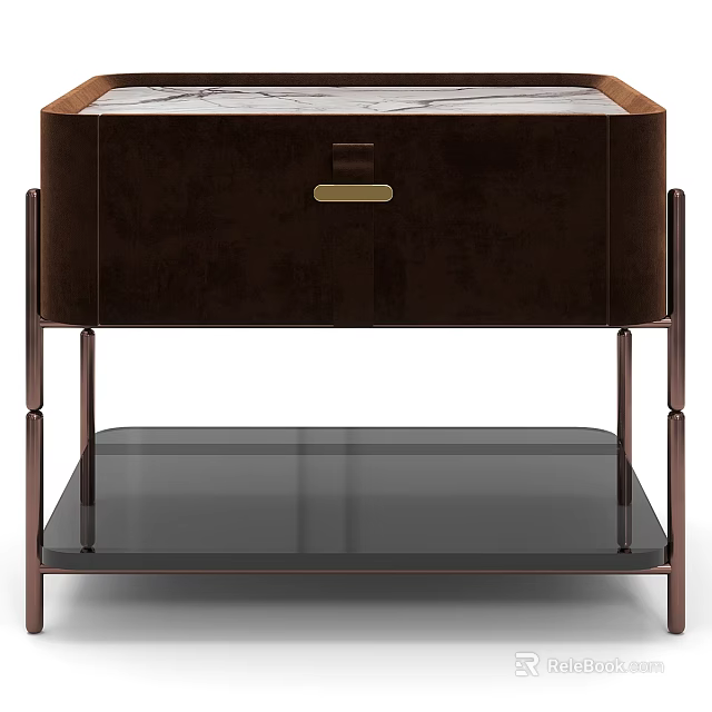 Elegant Brown Side Table With Drawer Metal Frame And Glass Shelf 3d model 