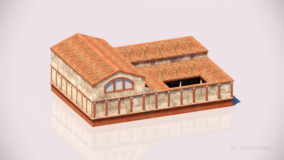 Ancient Roman Style Building With Red Tile Roof And Stone Walls 3d model 
