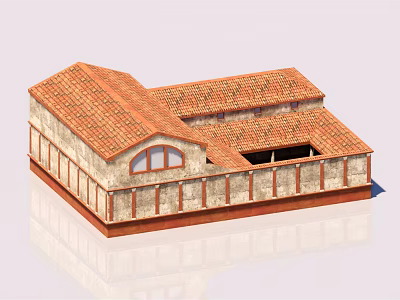 Ancient Roman Style Building With Red Tile Roof And Stone Walls 3d model