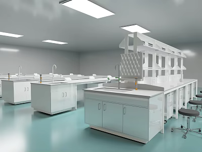 Modern Laboratory Interior With Lab Benches Cabinets Fume Hoods And Stools 3d model