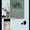 Soft Green Abstract Painting with Floral Vase and Vintage Camera on Marble Table
