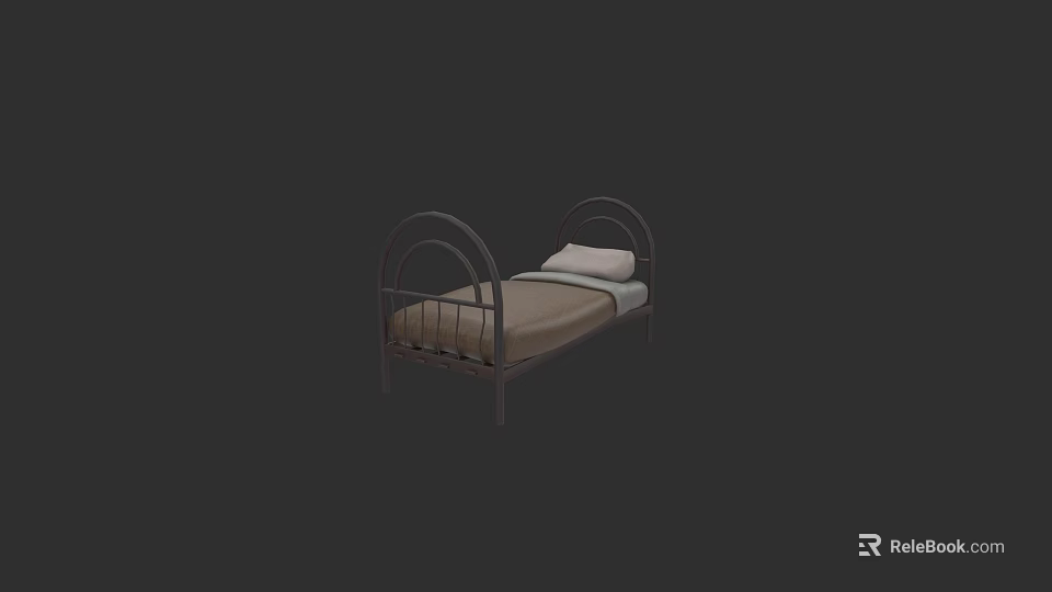 Double Bed With Metal Frame Arched Headboard And Brown Mattress White Pillow 3d model 