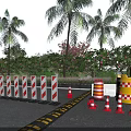Road Facilities With Traffic Cones Red White Striped And Yellow Checkered Barriers Near Palm Trees