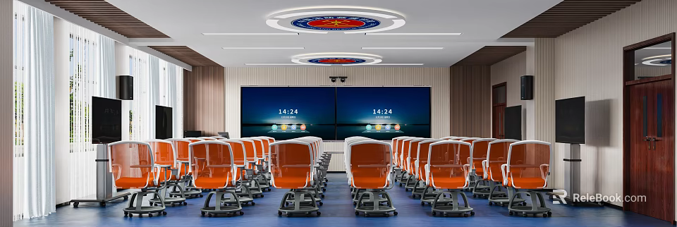 School Classroom Featuring Orange Chairs And Large Screens 3d model 