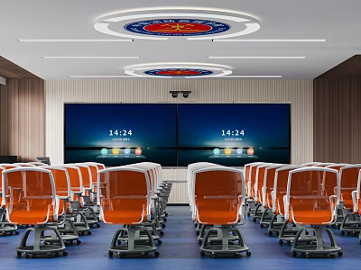 School Classroom Featuring Orange Chairs And Large Screens 3d model