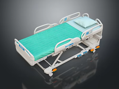 Adjustable Hospital Bed Furniture with Green Mattress White Frame and Wheels 3d model