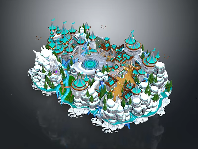 Ice Castle Architecture With Blue Roofs Snow Covered Trees And Spires 3d model