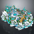 Ice Castle Architecture With Blue Roofs Snow Covered Trees And Spires
