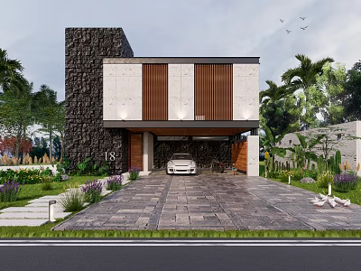 Modern Detached Villa Exterior With Stone Wall Wooden Panels Garage And Landscaped Driveway 3d model