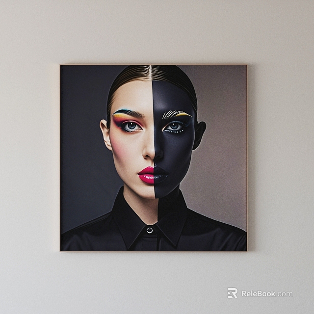 Portrait Painting of Woman with Half Colorful Makeup and Half Black Silhouette in Black Shirt 3d model 