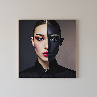 Portrait Painting of Woman with Half Colorful Makeup and Half Black Silhouette in Black Shirt 3d model