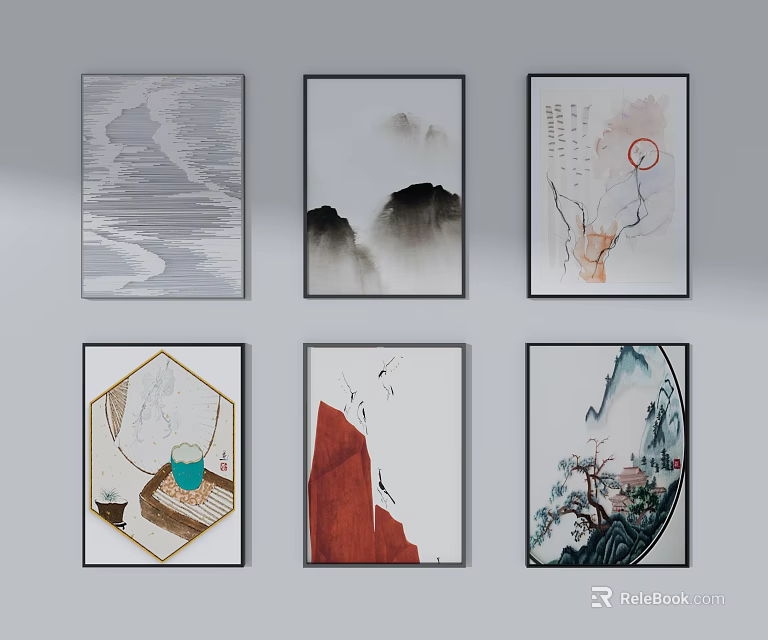 Traditional Chinese Landscape Paintings With Hexagonal Rectangular Frames Mountains Water Clouds Decorative Elements 3d model