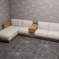 Cream Colored Sectional Sofa with Wooden Frame and Side Table in Patterned Wallpaper Room 3d model