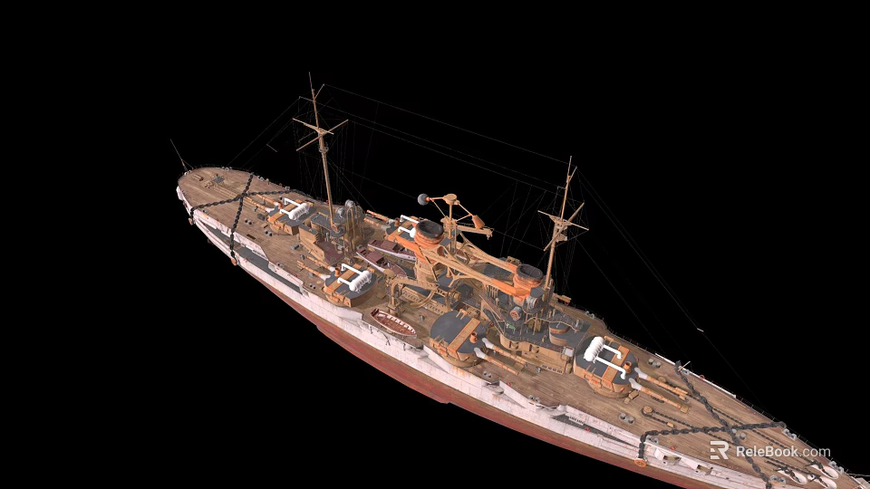 Vintage Warship Model with Multiple Turrets and Deck Equipment Brown and White Hull 3d model 