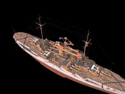 Vintage Warship Model with Multiple Turrets and Deck Equipment Brown and White Hull 3d model