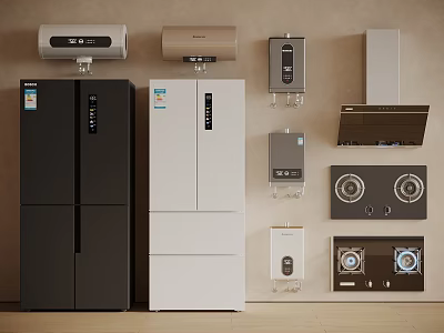 Modern Kitchen Appliances Including Refrigerators Water Heaters Range Hood And Stoves 3d model
