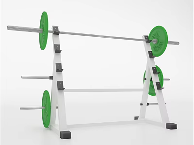 Sturdy White Barbell Rack With Green Weight Plates And Multiple Storage Bars 3d model