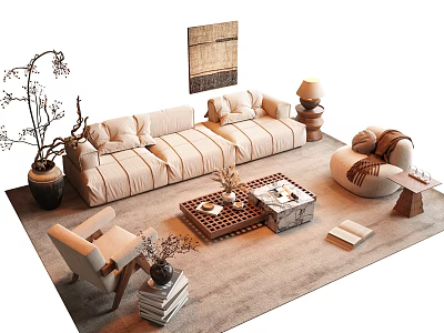 Beige Modern Sofa Coffee Table Set With Accent Chair Side Table Lamp And Artwork 3d model