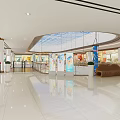 Shopping Mall Lobby With Glass Ceiling Escalators Shops Plants And Hanging Decorations