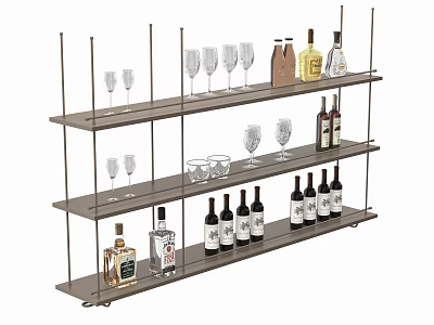 Modern Multi Tiered Storage Shelf With Wine Glasses And Liquor Bottles For Home Bar 3d model