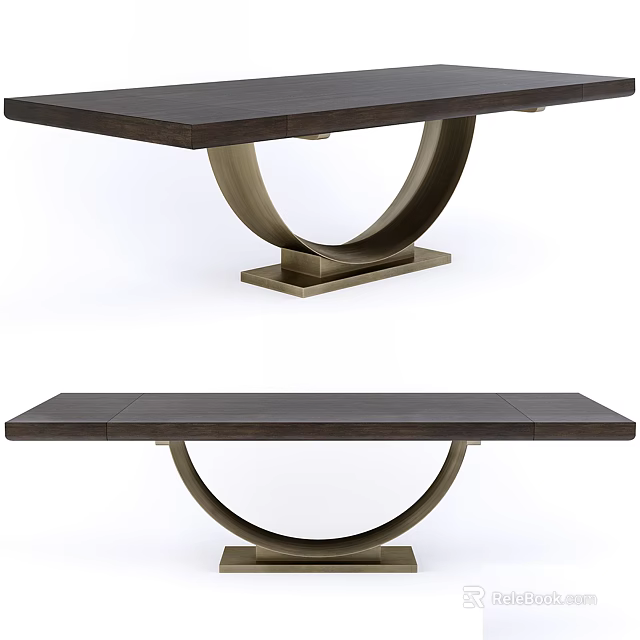 Elegant Modern Dining Table With Dark Wood Top And Circular Metal Base Design 3d model 