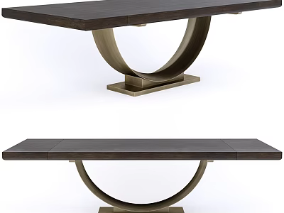 Elegant Modern Dining Table With Dark Wood Top And Circular Metal Base Design 3d model