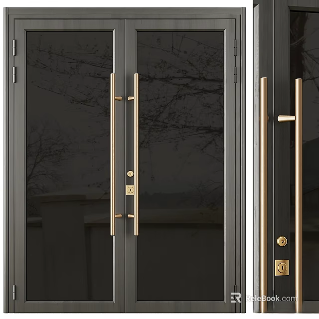 Modern Swing Door Design with Glass Panel Brass Handle and Black Frame 3d model 
