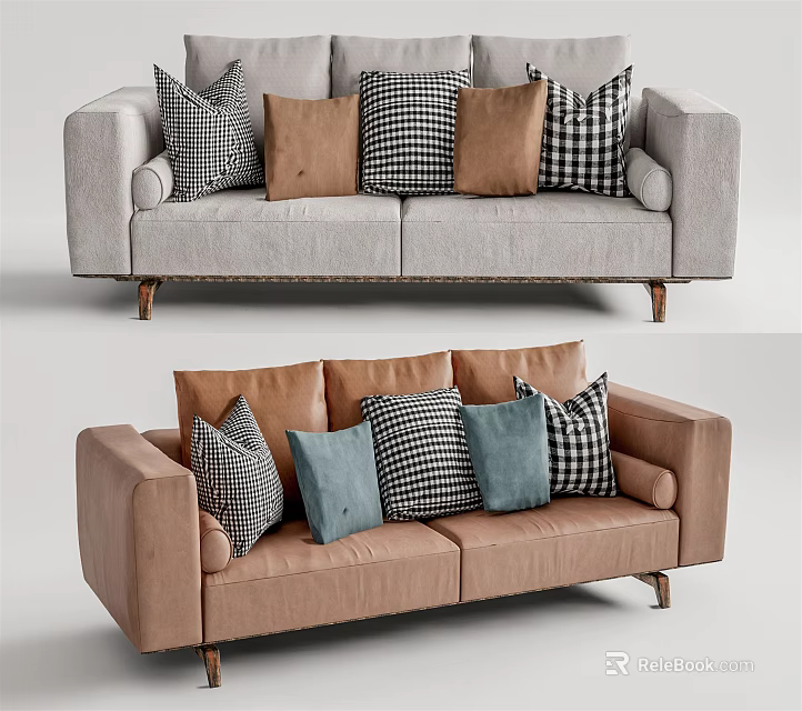 Light Gray And Brown Two Seater Sofa With Checkered Brown Blue Pillows 3d model