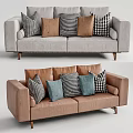 Light Gray And Brown Two Seater Sofa With Checkered Brown Blue Pillows 3d model