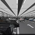 Modern Indoor Parking Garage With Parked Cars White Pillars And Lighting