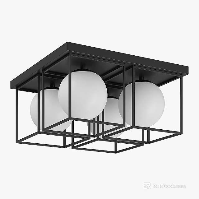 Modern Flush Mount Ceiling Light With Black Frame And White Globes 3d model