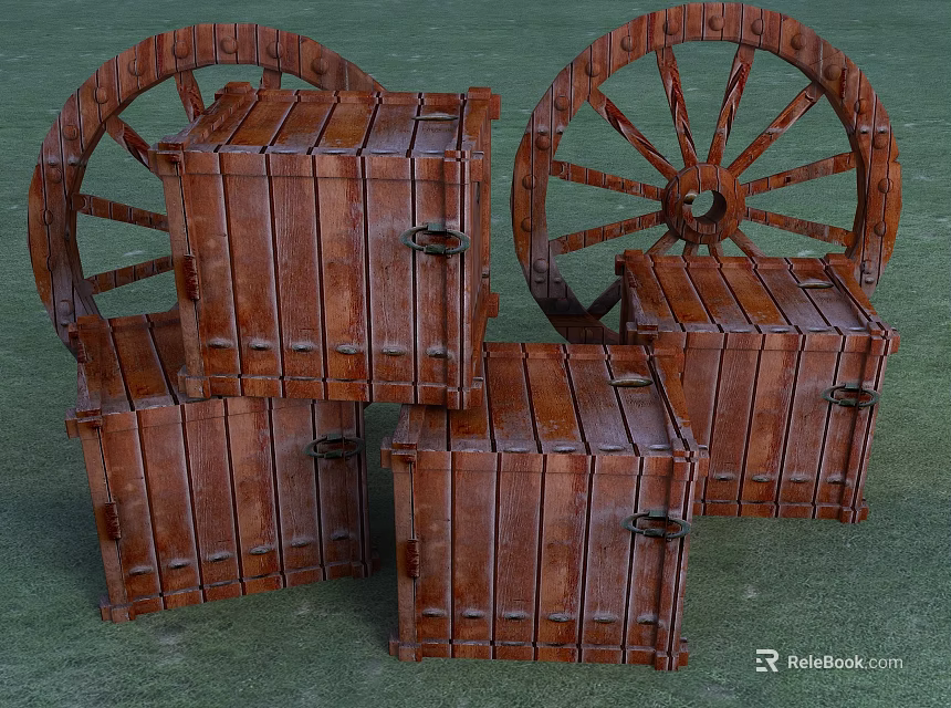 Vintage Style Decorative Ornament Set With Wooden Wheels And Crates For Rustic Home Decoration 3d model 