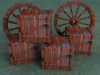 Vintage Style Decorative Ornament Set With Wooden Wheels And Crates For Rustic Home Decoration 3d model