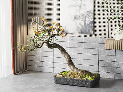 Bonsai Plant With Curved Trunk And Orange Flowers In Square Pot For Indoor Decor 3d model